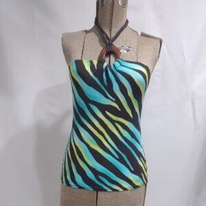 LA BLANCA SWIM TANKIONI ABSTRACT ZEBRA HALTER WOODEN DISC TIE CARE TAG MISSING